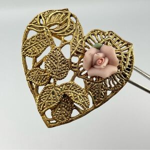 Vintage 1928 Gold Filigree Heart Brooch with Pink Rose Porcelain Accent